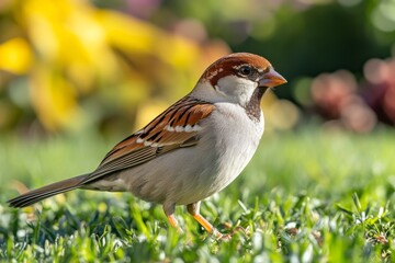 Beautiful male sparrow bird perched on green grass