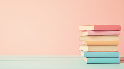 a stack of books on a wooden table on a pastel background