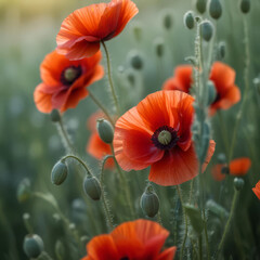 Poppy flowers close up in a field