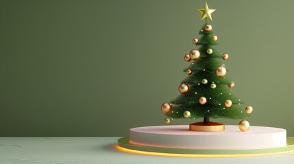 A festive Christmas tree on a circular pedestal with golden ornaments and a star on a green background.