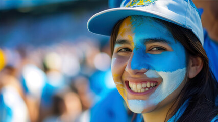 Happy Argentinian supporter celebrating with painted face in vibrant colors at a bustling sports event in Argentina