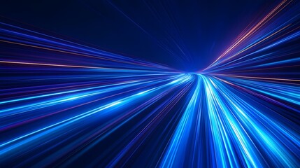 Luminous blue lines speed. Neon color glowing lines background, high-speed light trails effect. Futuristic dynamic motion technology.