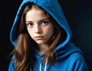 Naklejka premium Portrait of a sad teenage girl on a black background