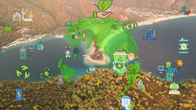 Green forest aerial view and environmental technology concept. Green tech. Ecology. Green transformation. GX. SDGs. High quality 4k footage