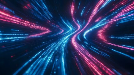 Luminous blue lines speed. Neon color glowing lines background, high-speed light trails effect. Futuristic dynamic motion technology.