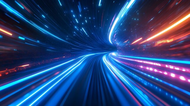 Luminous blue lines speed. Neon color glowing lines background, high-speed light trails effect. Futuristic dynamic motion technology.