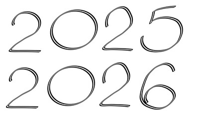 2025 and 2026 new year numbers. Hand drawn numbers with marker or pen. Double outline font. Script cursive typography. Template and mockup. 