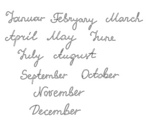 Hand drawn names of the month with marker or pen. Double outline font. Script cursive typography. Template and mockup.