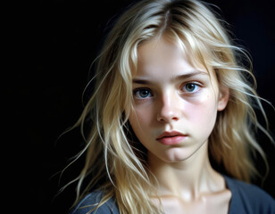 Naklejka premium Portrait of a sad teenage girl on a black background