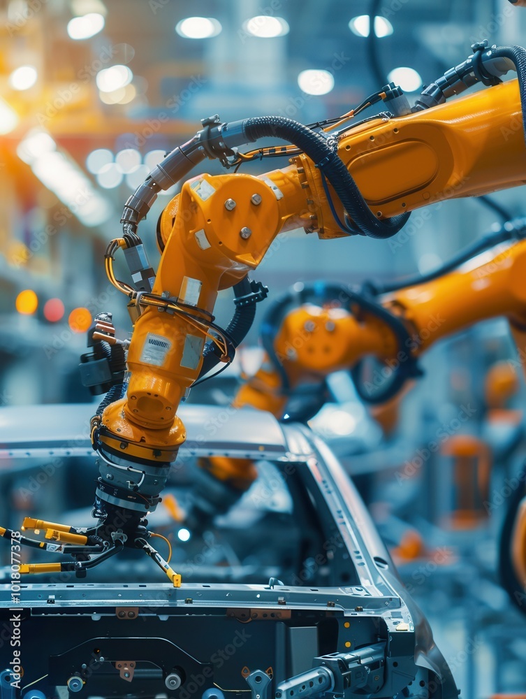 Aufkleber robotic arms are actively engaged in assembling precise components of a car in a high-tech assembly 