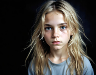 Naklejka premium Portrait of a sad teenage girl on a black background