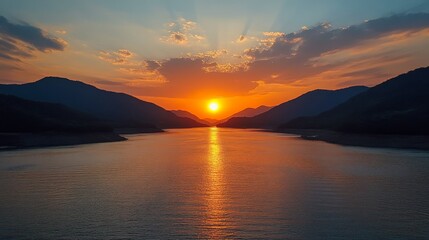 Fototapeta premium A scenic view of a lake and mountains at sunset, with the sun setting over the water and casting golden rays of light.