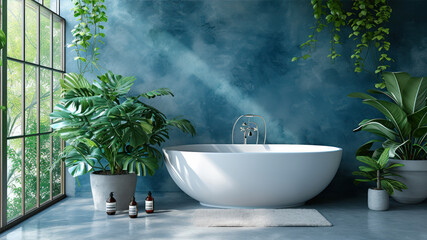 Luxurious bathroom featuring a freestanding bathtub surrounded by lush plants and stunning blue wall decor in natural light