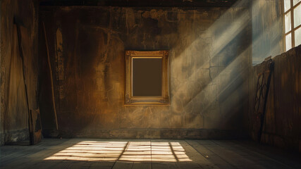 Obraz premium An empty room with a blank frame, dimly lit by sunlight filtering through dusty windows during golden hour