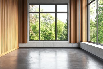 Fototapeta premium Spacious modern room with large windows nature view