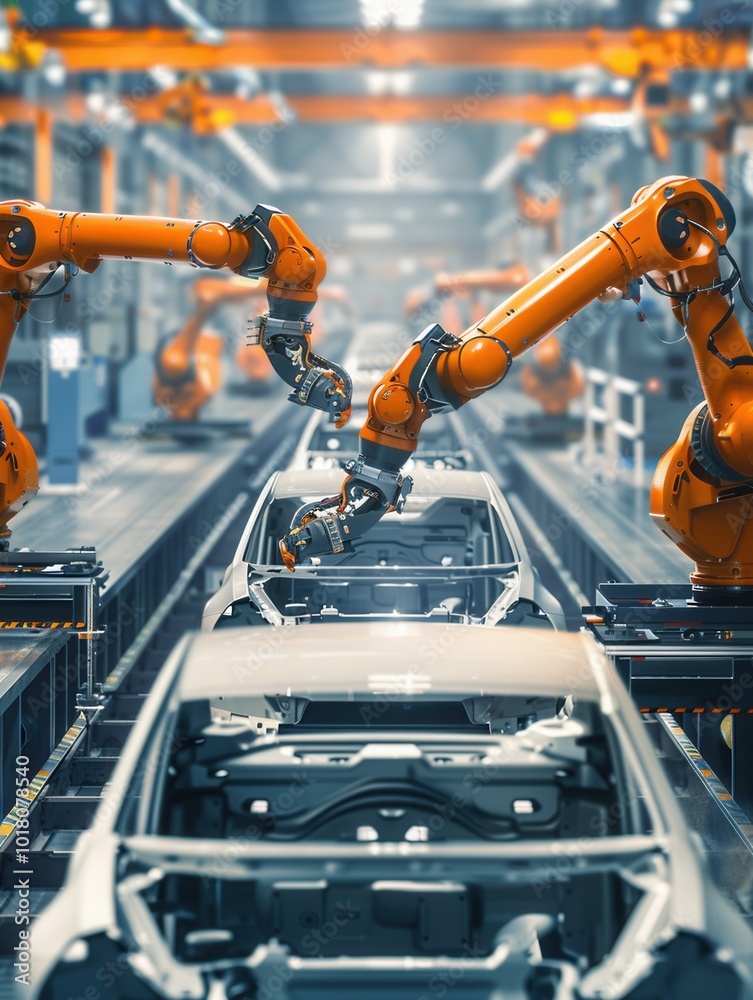 Aufkleber Two robotic arms work together to assemble car frames on an automotive production line in an advanced factory setting. Generative AI