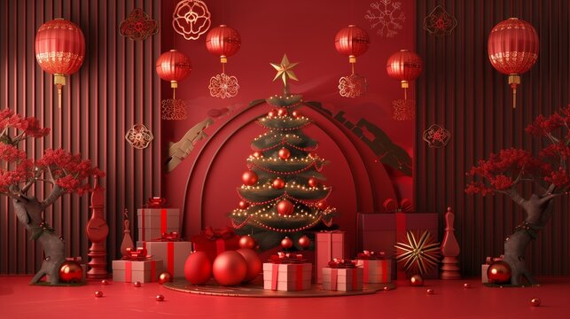 Luxurious red themed Christmas setup with a decorated Christmas tree, gifts, and Chinese lanterns.