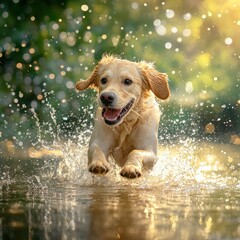Golden Retriever Joyfully Splashing Through Sunny Waters of Nature