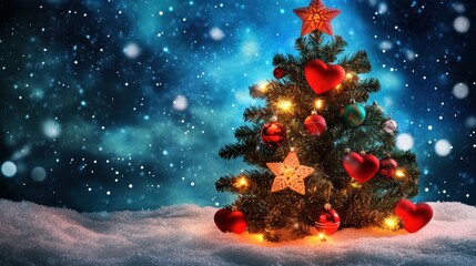 Fototapeta premium Festive Christmas tree with sparkling lights red decorations