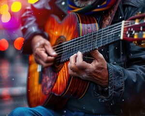 Fototapeta premium Street musician playing guitar, vibrant colors, photography, candid, artistic