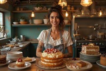 Woman, likely a baker or pastry chef, is smiling at the camera while standing behind a table filled with various cakes and pastries in her kitchen.