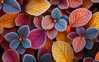 Obraz premium Winter first touch: early frost, snow transforming nature blooming green into serene early winter scene, showcasing delicate balance between season fresh chill, last traces of verdant life.