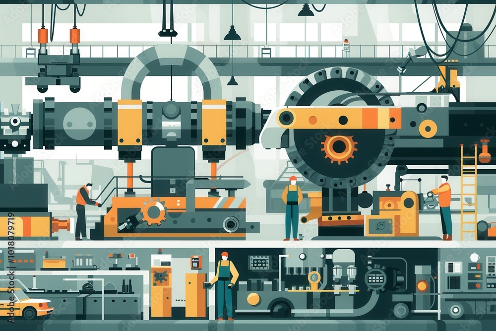 Aufkleber Skilled workers engage with various machines to produce essential components for vehicles in a bustling factory environment. Generative AI