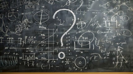 Chalk Question Mark Surrounded by Mathematical Equations and Doodles on Blackboard