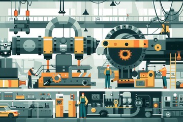 Fototapeta premium Skilled workers engage with various machines to produce essential components for vehicles in a bustling factory environment. Generative AI