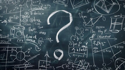 Conceptual Blackboard with Chalk Drawn Question Mark Surrounded by Mathematical Equations and Doodles