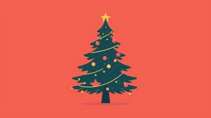 Simple and cheerful illustration of a decorated Christmas tree against a vibrant red background.