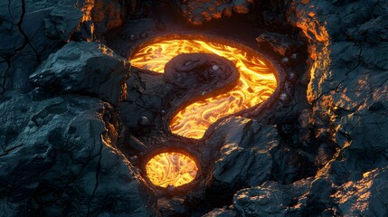 Glowing Lava Question Mark Emerging from Volcanic Landscape