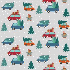 Lots of cars and trucks, preparing for Christmas, pattern