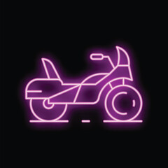 Neon sign of a purple motorcycle shining on a brick wall