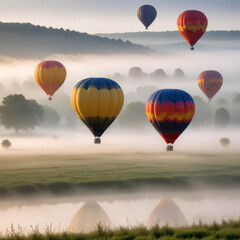 Obraz premium Hot air balloons hover over a beautiful hilly landscape