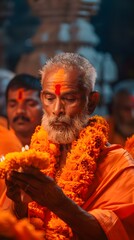 Obraz premium Spiritual Ceremony: Man in Orange Robe with Flower Garland