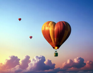 Naklejka premium Bright heart-shaped balloon floats above the clouds high in the sky