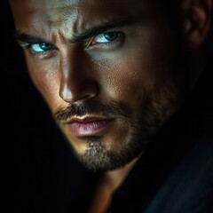 Obraz premium Intense close-up portrait of a man with piercing blue eyes and a strong jawline, showcasing confidence and charisma.