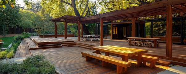 Designed for gatherings, this wooden deck features an attached pergola and benches.