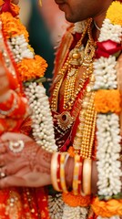 Fototapeta premium Vibrant Indian Wedding Ceremony with Traditional Clothing and Jewelry