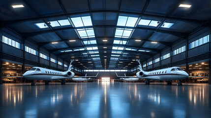 Two private jets in a spacious, well-lit hangar.
