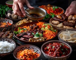 Obraz premium Traditional food from different cultures, vibrant colors, photography, detailed, inviting