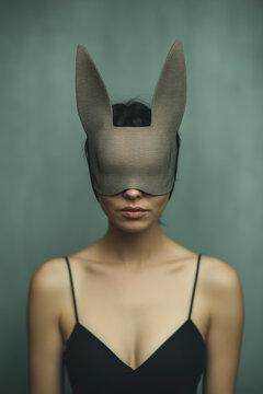 A woman stands with a serious expression wearing a minimalist bunny mask in an abstract setting, evoking themes of mystery, hidden identity, and playful intrigue.