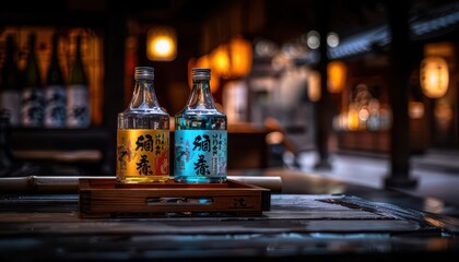 Traditional Japanese sake, vibrant colors, photography, detailed, cultural