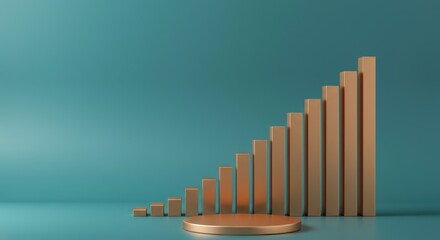 3D golden bar graph on teal background, depicting growth