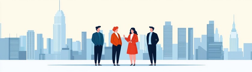 Four diverse professionals stand together, chatting against a city skyline featuring modern architecture and iconic buildings.