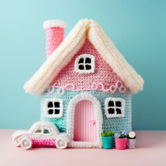 毛糸で編んだ家（車・花）