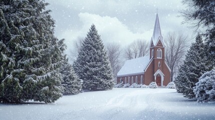 Winter church in snow-covered landscape surrounded by tall evergreen trees and a quiet, serene atmosphere.