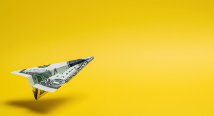 Dollar bill folded into paper plane, flying against yellow background