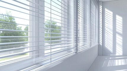 Fototapeta premium White window frames with clear glass and a roller blind. A set of plastic windows with metal blinds, shown on a clear background.
